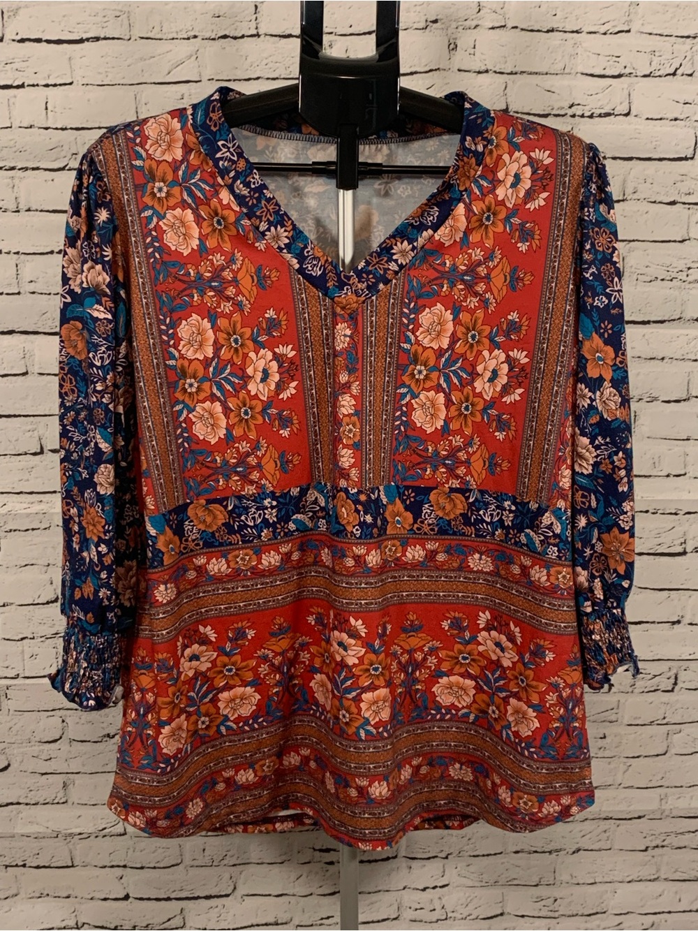 Boho Floral V-Neck Blouse in Rust & Navy